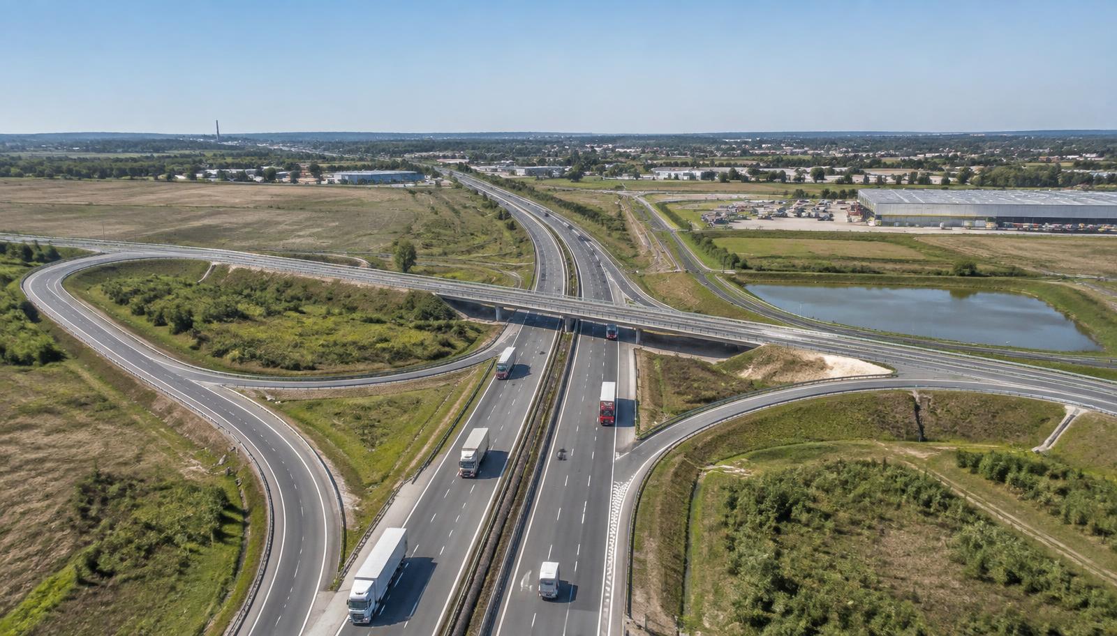 Węzeł drogowy z ciężarówkami — infrastruktura transportu w Polsce
